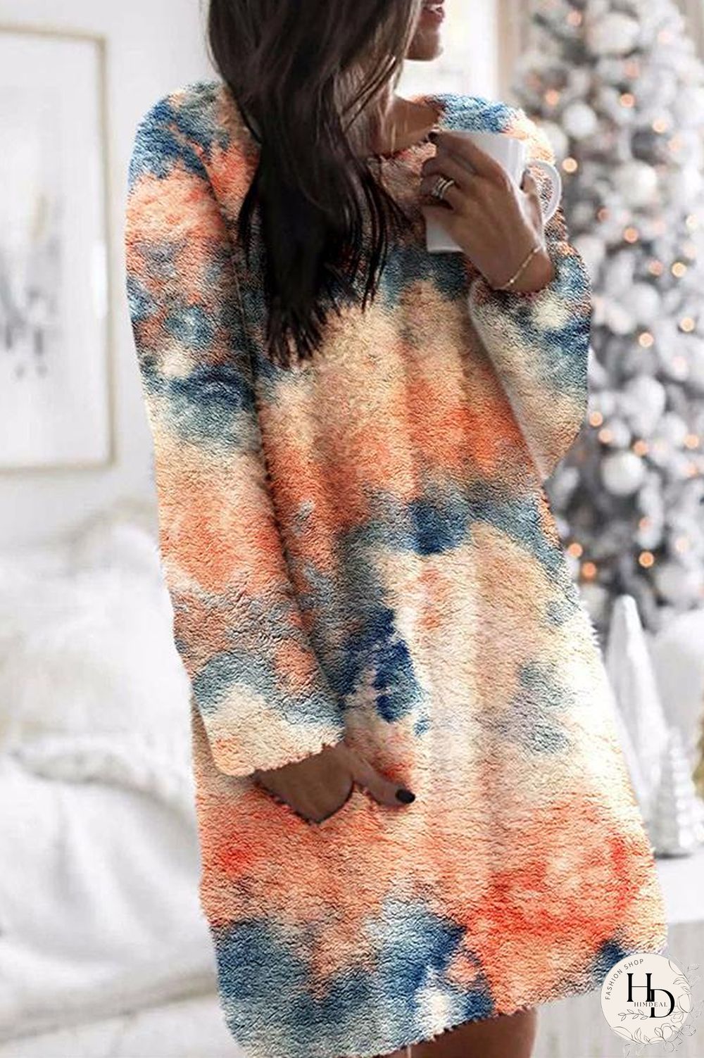 Fluffy Tie Dye Long Sleeve Mini Dress P12049
