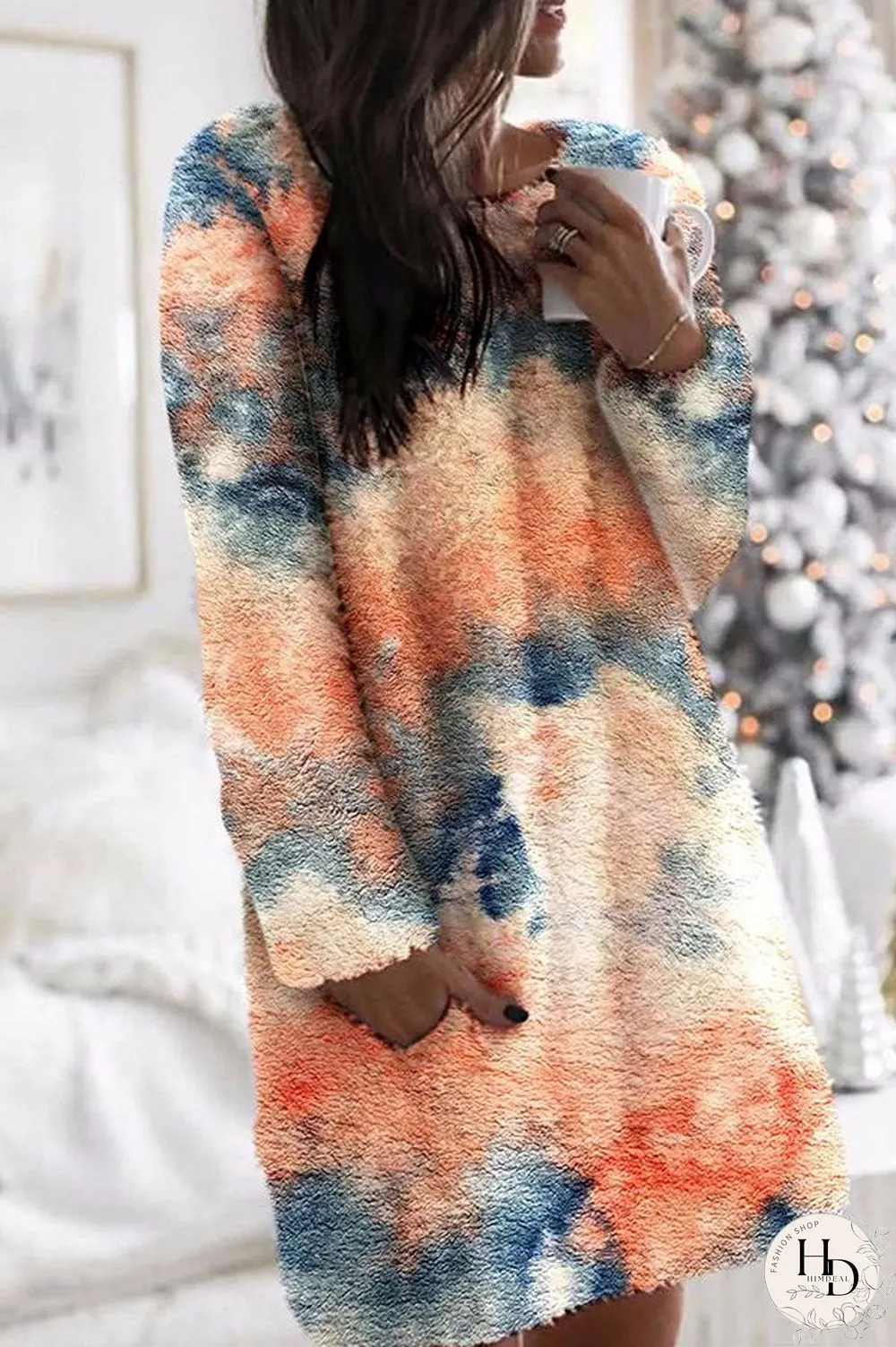 Fluffy Tie Dye Long Sleeve Mini Dress P12049