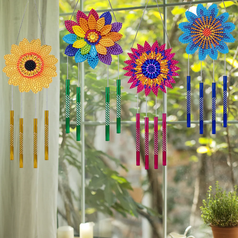 4Pcs Acrylic Colorful Flower Diamond Painting Wind Chimes DIY Crystal Wind Chime