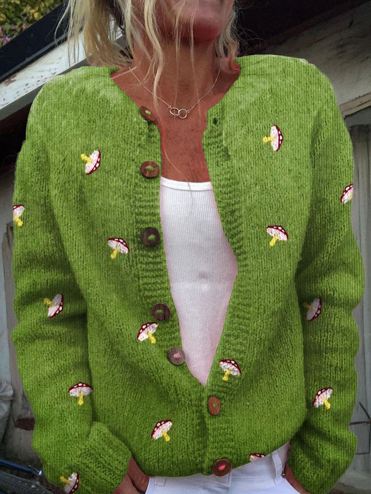 Women's Lovely Mushroom Art Print Buttoned Cardigan Sweater