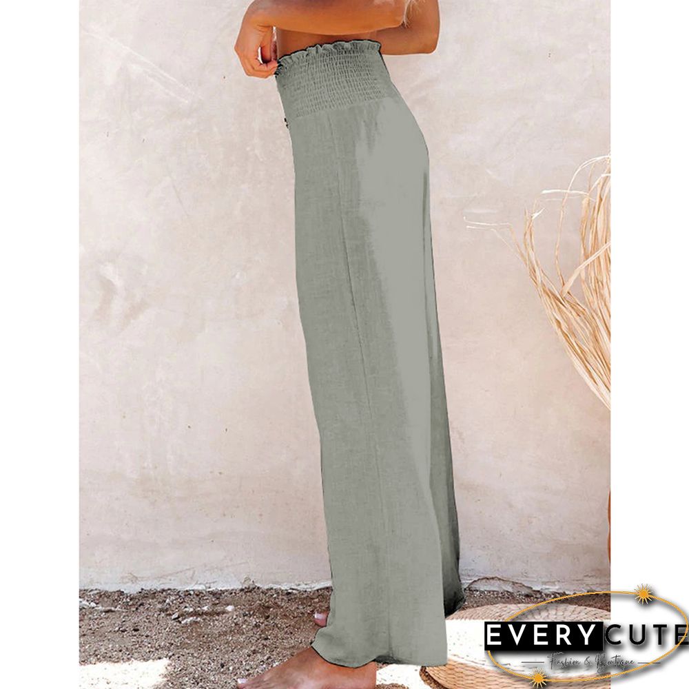 Greyish Green Elastic Waist Wide Leg Casual Pants