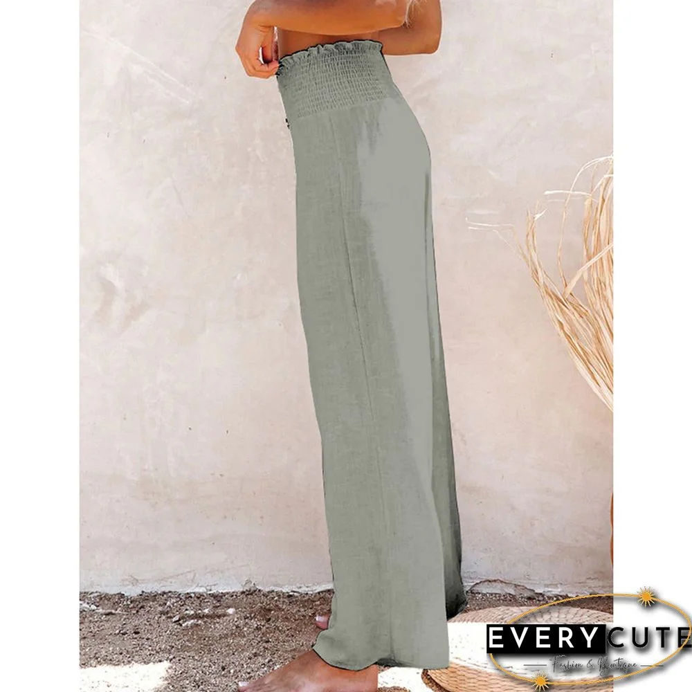 Greyish Green Elastic Waist Wide Leg Casual Pants