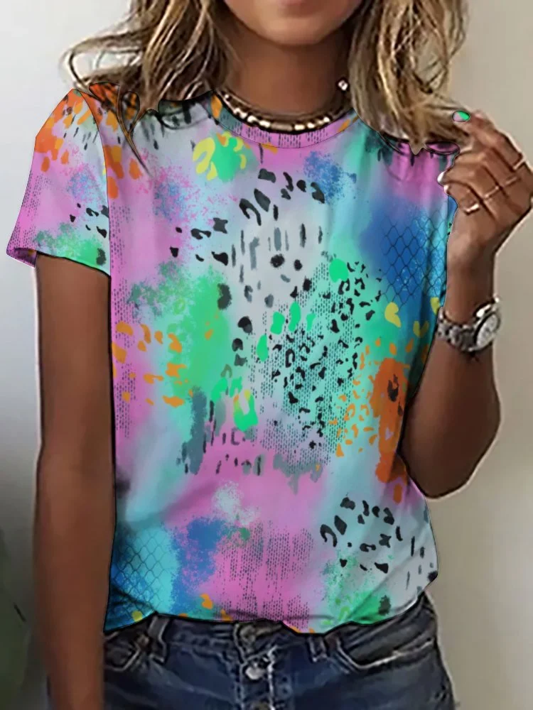 Printed Short Sleeve Casual T-shirt for  Women and Men Unisex Pattern Watercolor, Pink, Green