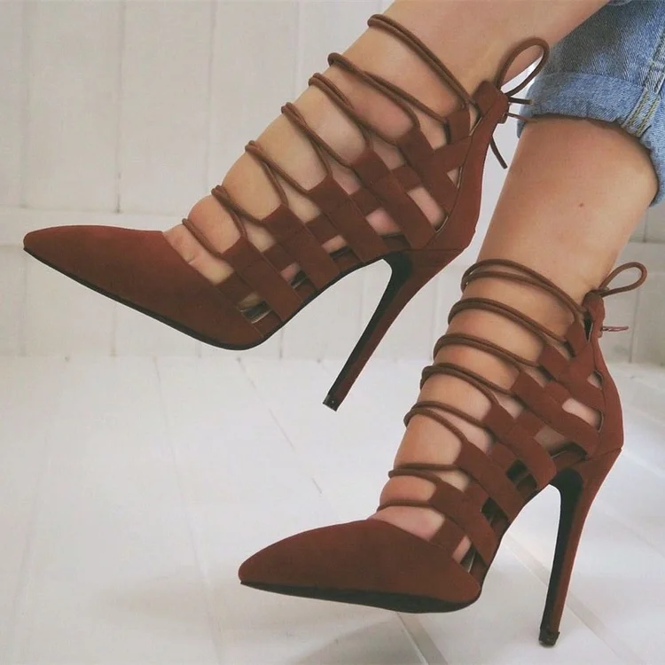 Brown Suede Pointy Toe Lace Up Heel Pumps Vdcoo