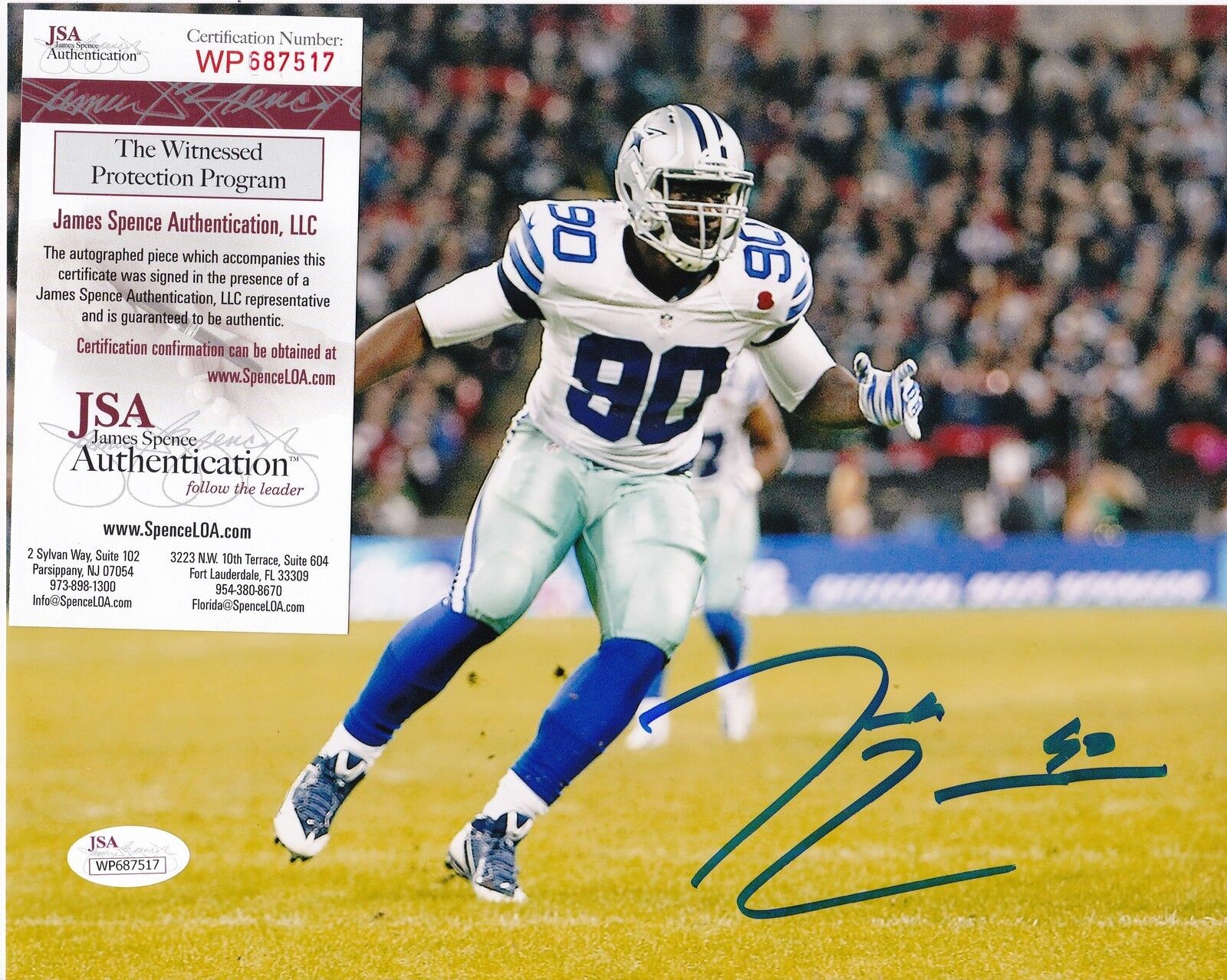 DEMARCUS LAWRENCE DALLAS COWBOYS JSA AUTHENTICATED ACTION SIGNED 8x10