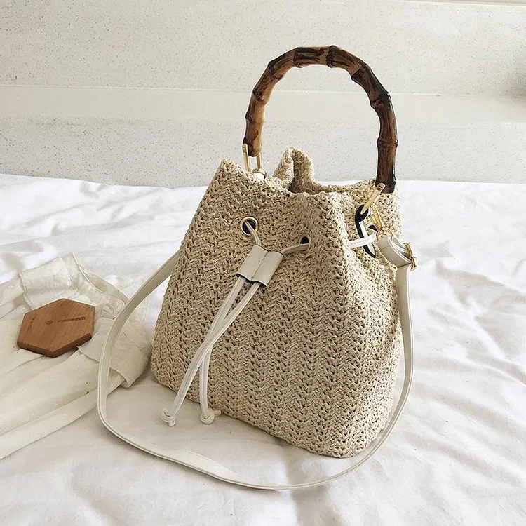 Bamboo Handle Straw Handbag With Strap One Shoulder Bag