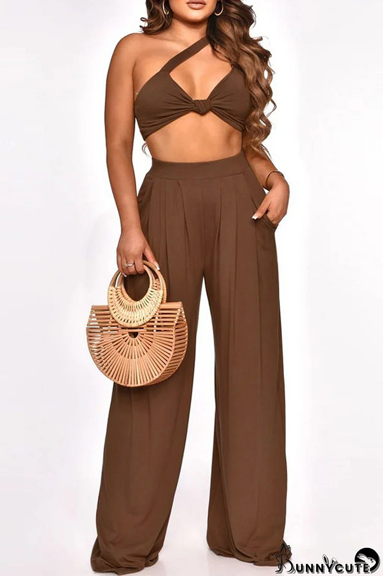 Brown Sexy Casual Solid Hollowed Out One Shoulder Sleeveless Two Pieces