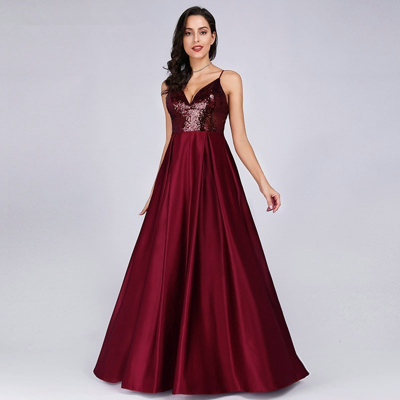 Glamorous Burgundy Sequins V-Neck Long Prom Dress Online