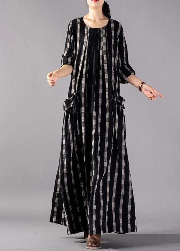 Italian o neck pockets linen clothes Runway black Plaid Dresses fall