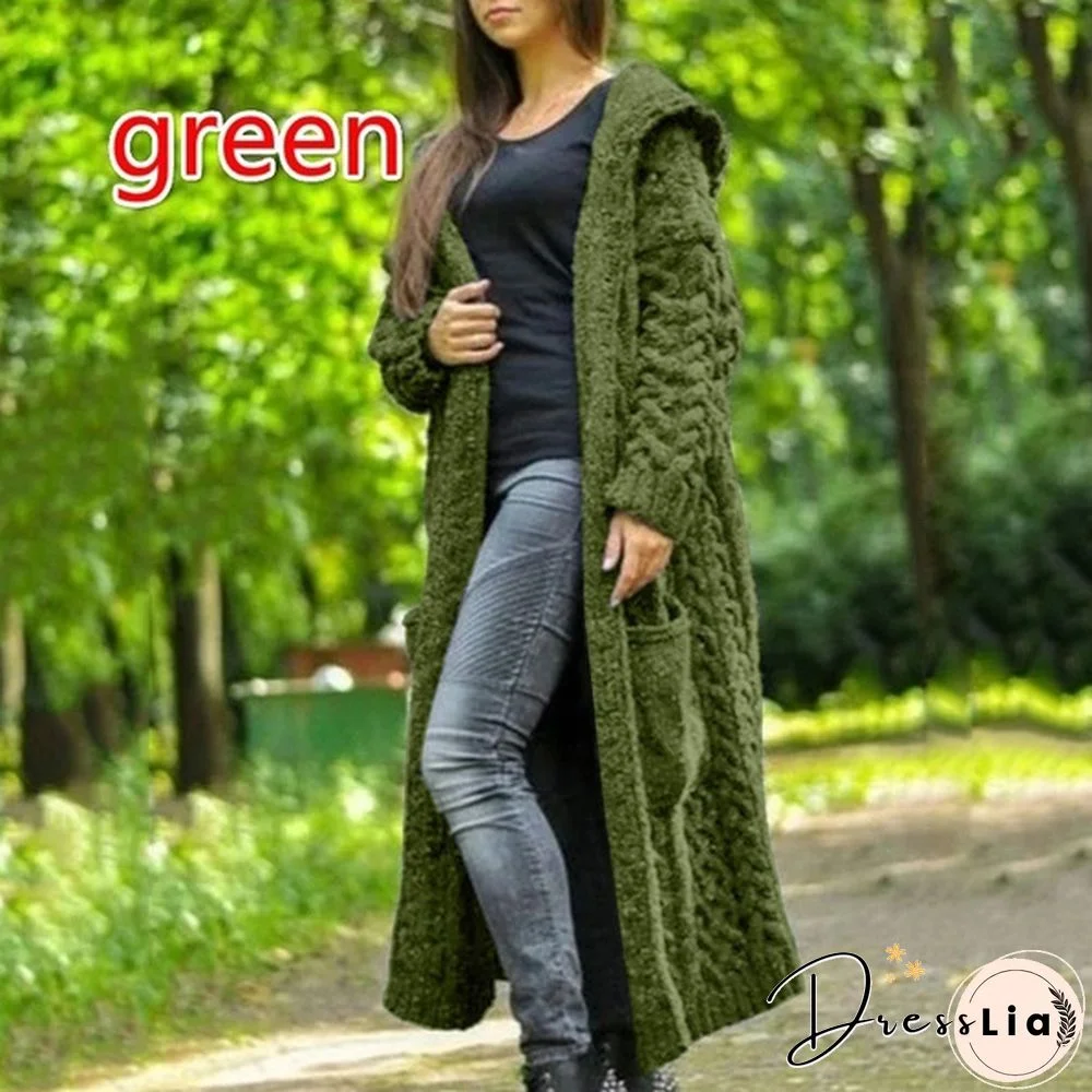 HOT Autumn/Winter Fashion Womens Coat Knit Hooded Sweater Loose Mid-length Casual Streetwear Knitted Cardigan Jackets for Women Outwear vestidos mujer Plus Size casacos de inverno feminino