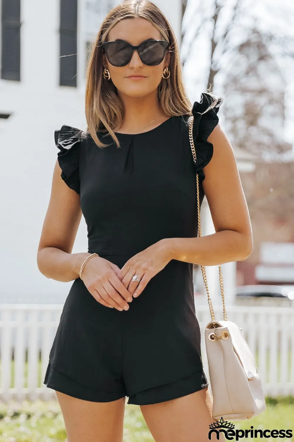 Black Ruffle Sleeves Solid Romper