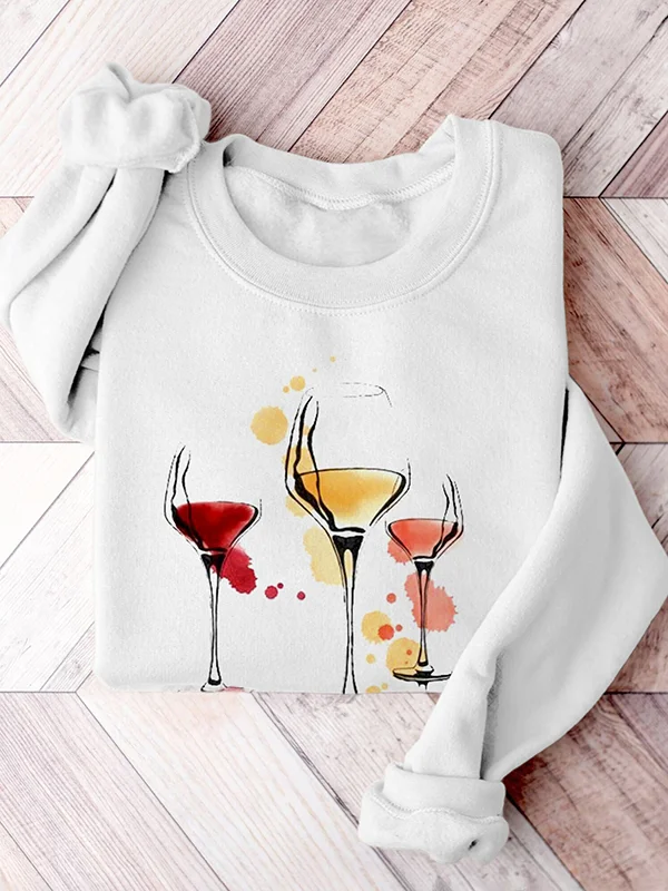 Men's Wine Glass Watercolor Art Painting Print Cotton Casual Sweatshirt