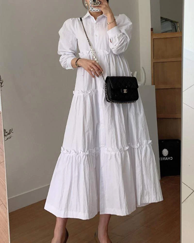 Solid color dress with lapel long sleeves