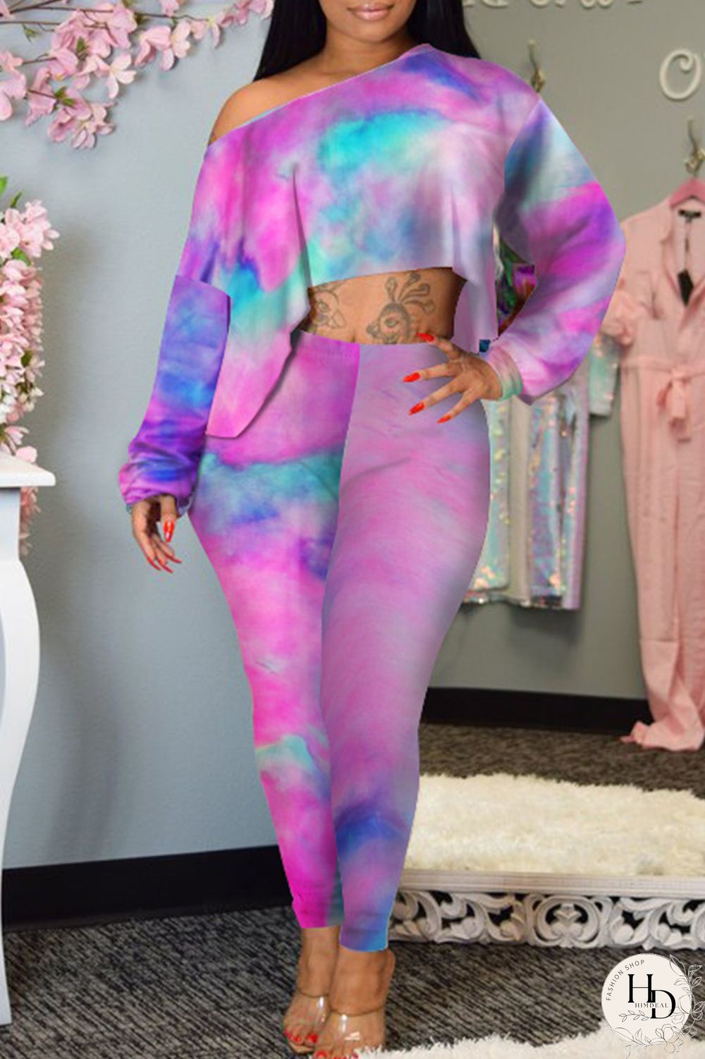 Green Fashion Casual Print Tie-dye Oblique Collar Long Sleeve Two Pieces