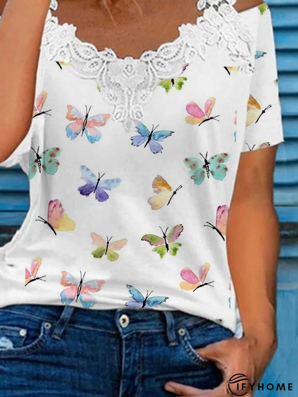 Printed Lace Off Shoulder Cold Shoulder Casual Loosen Short Sleeve T-shirt | IFYHOME