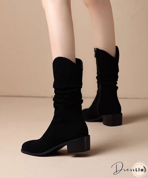 Women Khaki Suede Splicing Chunky Boots