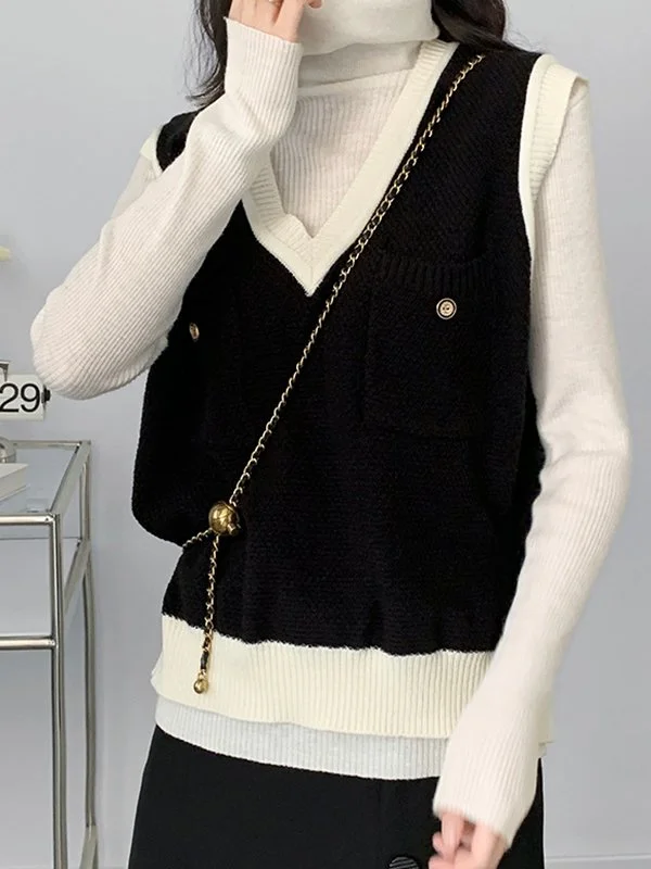 Urban Spring Contrast Color V-Neck Knitting Vest Outerwear