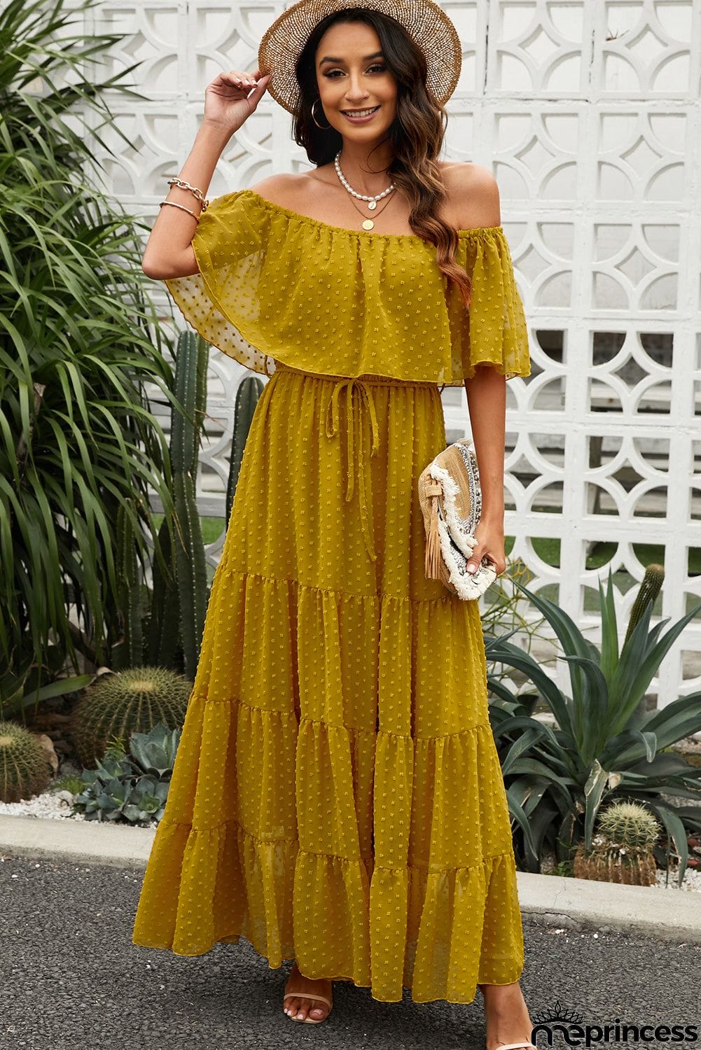 Yellow Ruffle Swiss Dot Maxi Dress