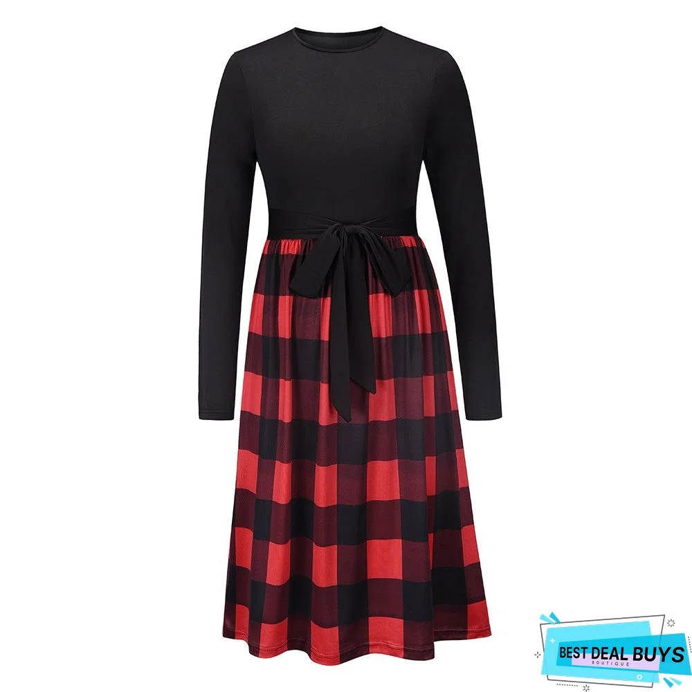 Leopard Stitched Long Sleeve Dress New Knitted Skirt In Autumn and Winter Black Dresses