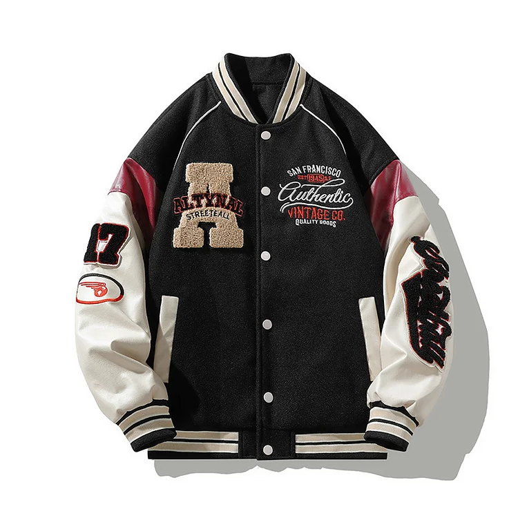 Streetwear Vintage Patchwork Baseball Bomber Jacket Vintage Jacket at Hiphopee