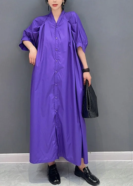 Stylish Purple V Neck Puff Sleeve Cotton Maxi Dresses