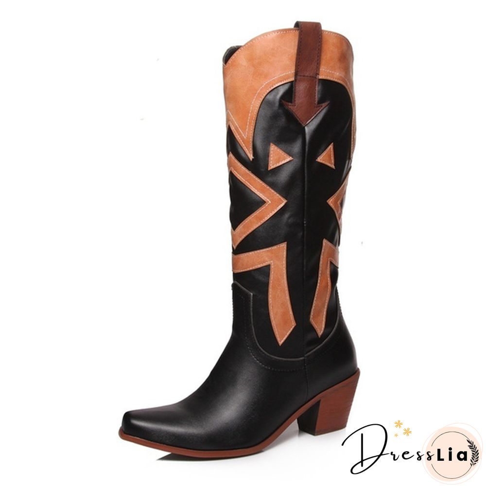 The New Style Western Cowboy Boots For Women Pointy Toe Cowgirl Boots Square Heels Knee High Boots Retro Women Boots