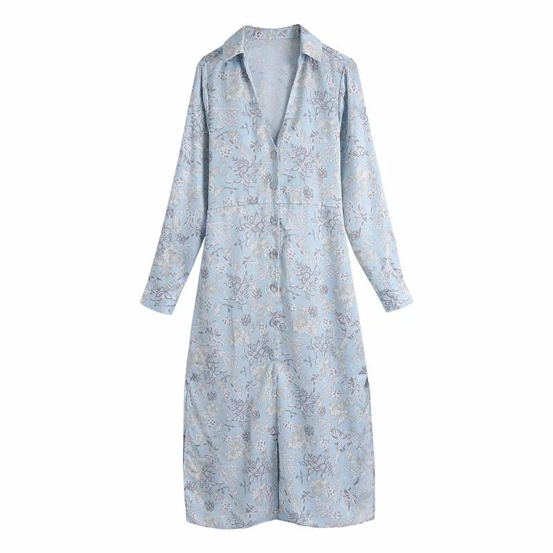 PUWD Casual Woman V Neck Print Satin Shirt Dress 2021 Spring Eleagnt Female Sashes Button Long Dresses Ladies Long Sleeve Dress