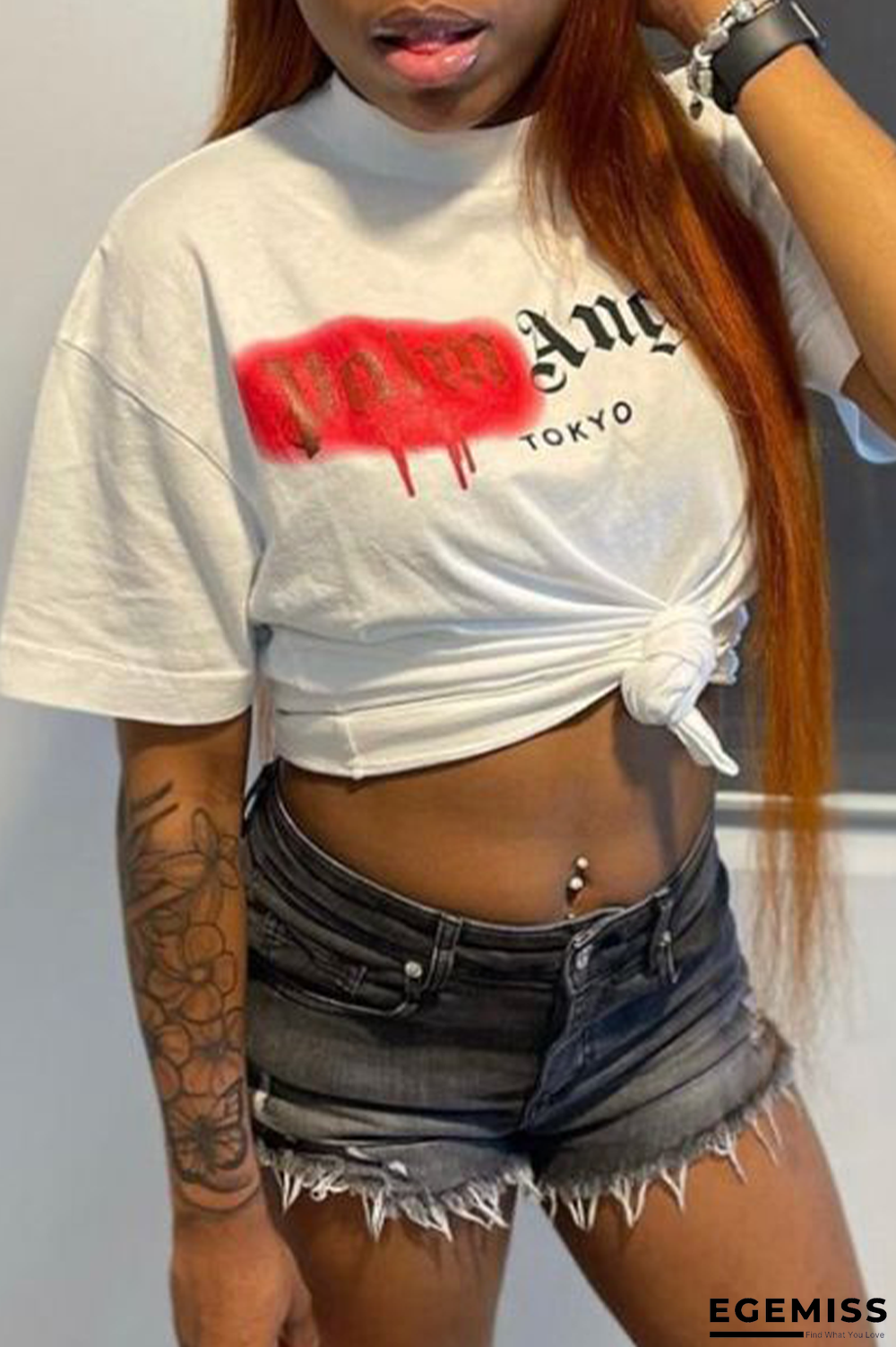 White Daily Vintage Print Patchwork Letter O Neck T-Shirts | EGEMISS