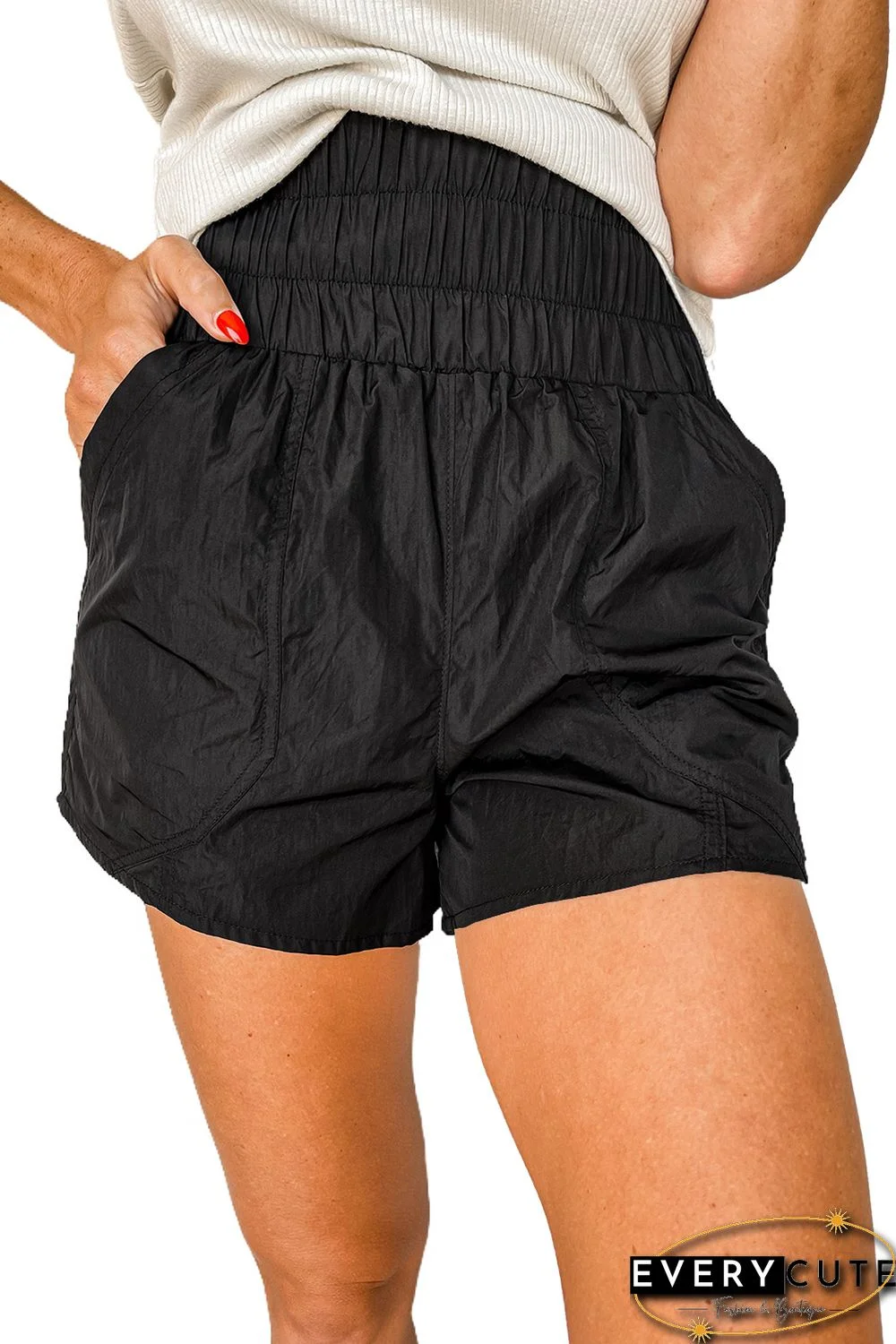 Black Elastic High Waist Side Pockets Shorts