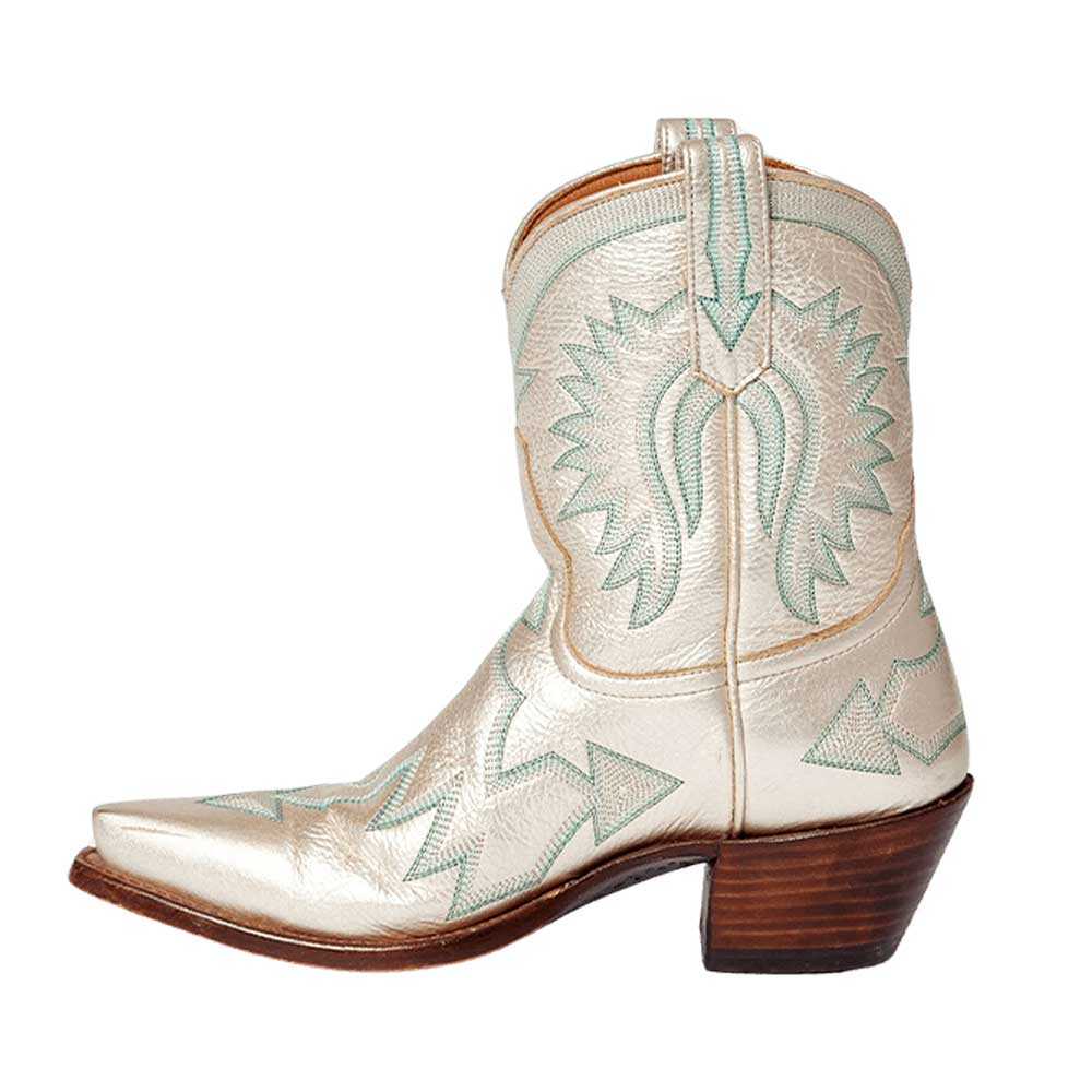 Metallic Champagne Pointed Toe Chunky Heel Embroidered Cowgirl Boots Nicepairs