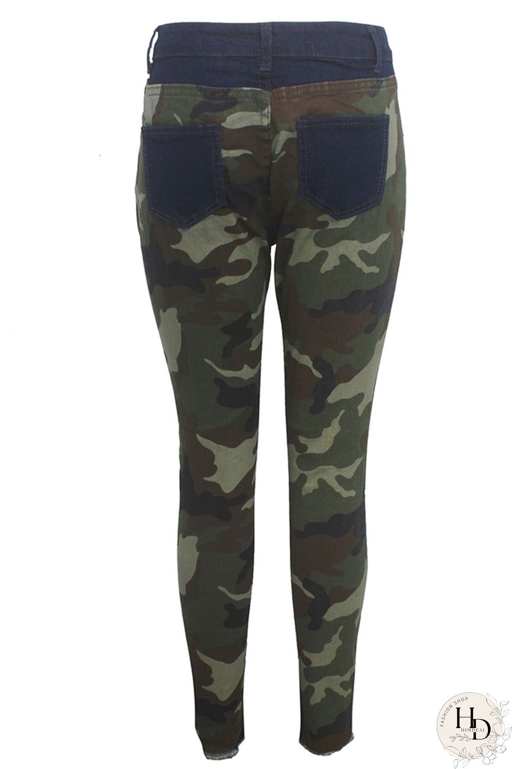 Camouflage Polyester Button Fly Sleeveless High Patchwork camouflage Print Hole pencil Pants