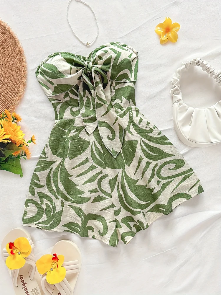 Women's Strapless Smock Front Wide-Leg Jumpsuit - Green Watercolor Geometric Print, Adjustable Side Ties, Machine Washable Lightweight Summer Beach Party Outfit For Vacations, Cruises & Casual Outings, Vacation Attire, Fitted Comfort Wear, Cruise Attire