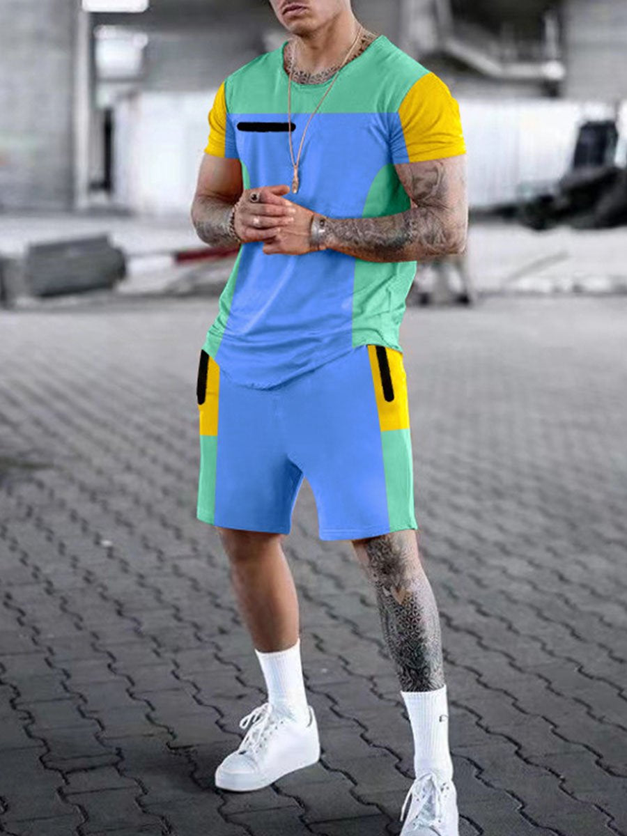 Men's Casual Short-Sleeved T-Shirt Round Neck Color-Block Five-Point Shorts Suit
