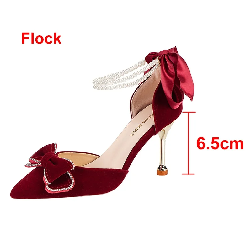 Yyvonne Ankle Strap Pumps Women Luxury Bowknot Red Dance Shoes Woman Sexy Pointed Toe Velvet Stiletto High Heels Sapatos Femininos