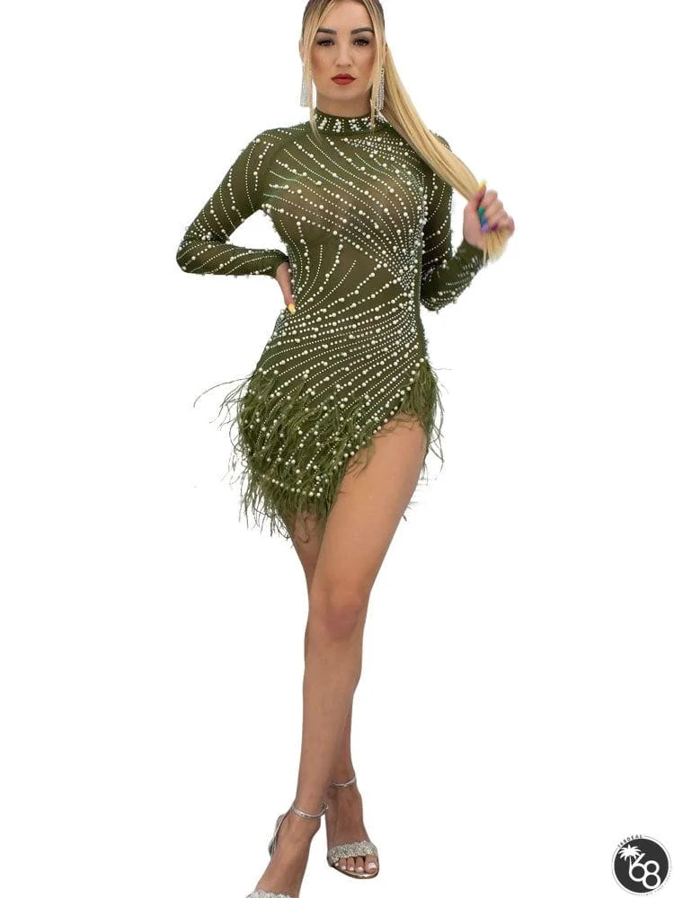 Long Sleeve Rhinestone Feather Mini Dresses | 168DEAL