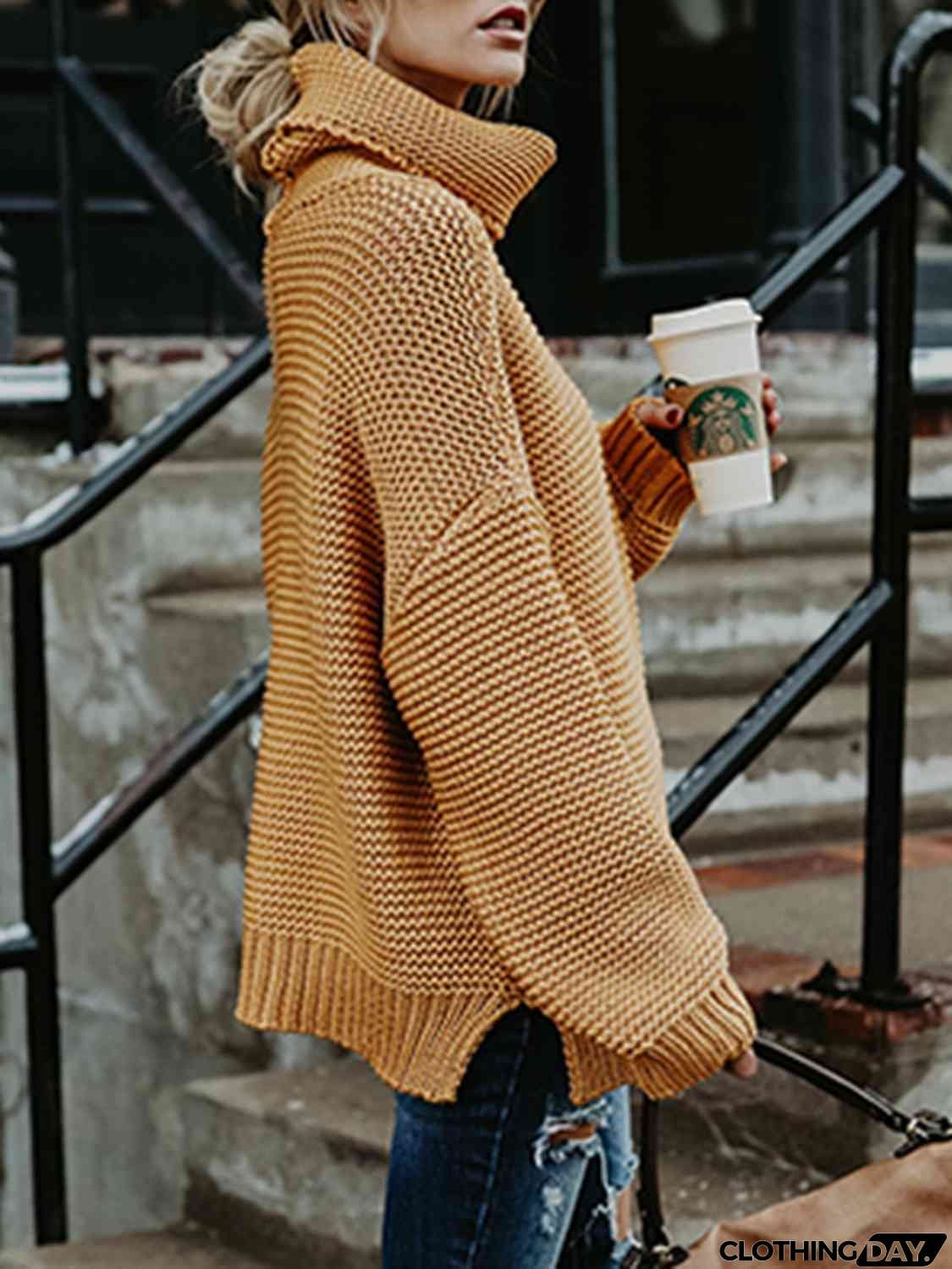 Turtleneck Dropped Shoulder Slit Sweater