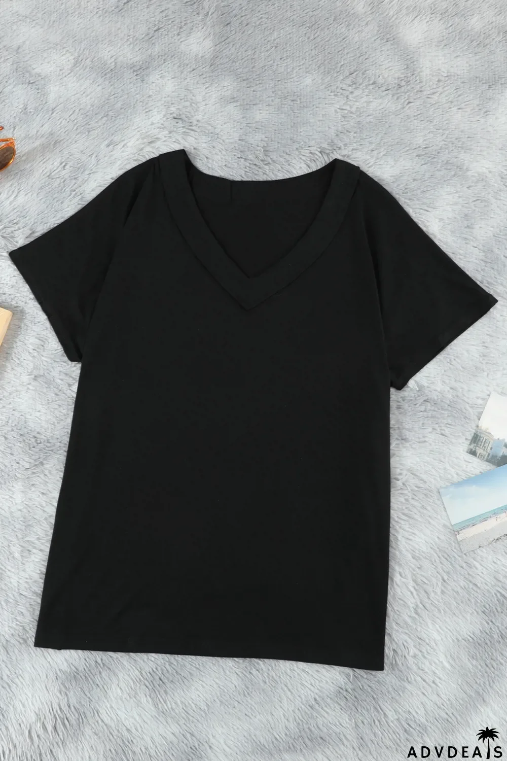 Black Oversized Mineral Wash Cotton Blend V Neck Short Sleeves Top