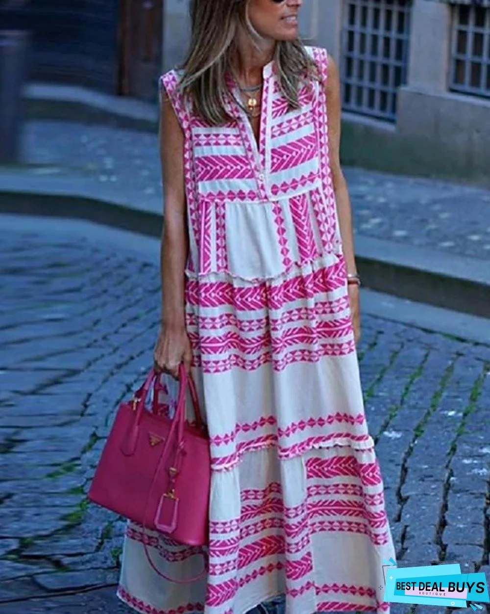 Women's Swing Dress Maxi Long Dress Sleeveless Geometric Print Spring Summer Boho Blushing Pink