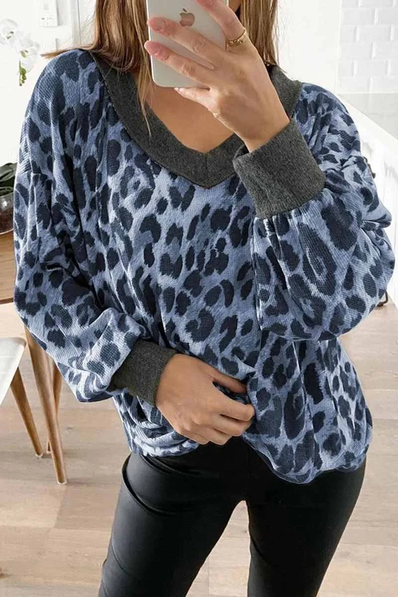 V-neck Long Sleeve Leopard Print Pullover Tops