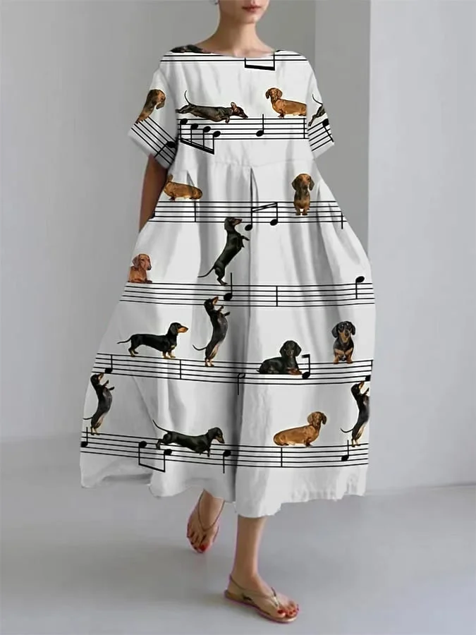 Women's Cute Dachshund Short Sleeve Linen Blend Midi Dress