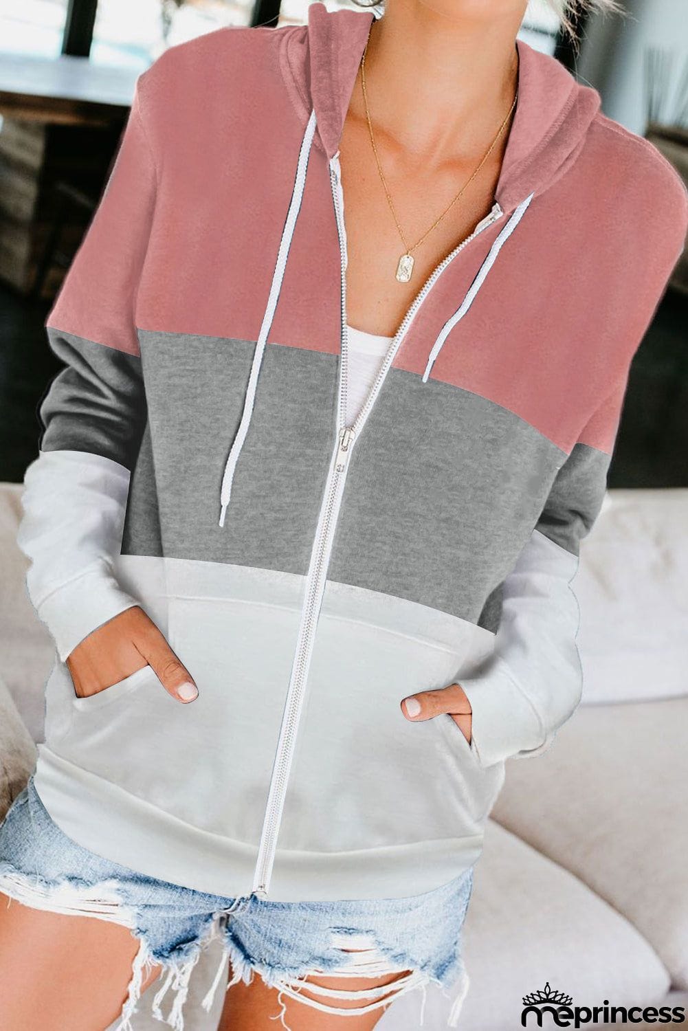 Zip Front Color Block Splicing Drawstring Hoodie