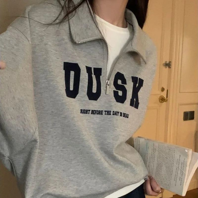 Colourp Women Letter American Retro Simple Zipper Loose All-match Turn-down Collar Chic Students Casual Autumn Fashion Cozy