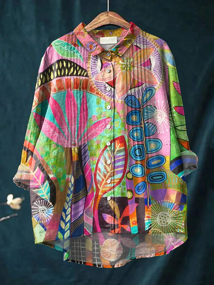 Women's Abstract Colorful Floral Graffiti Painting Art Print Casual Cotton And Linen Ruffle Shirt