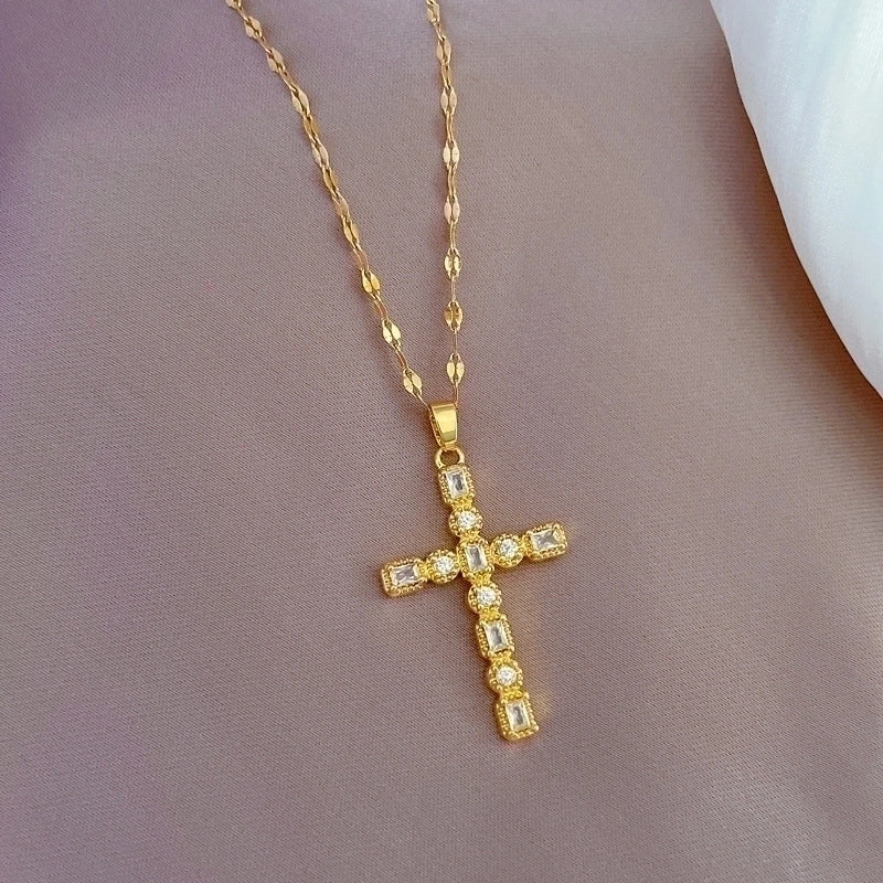 Retro Cross Titanium Steel Copper Inlay Zircon Pendant Necklace
