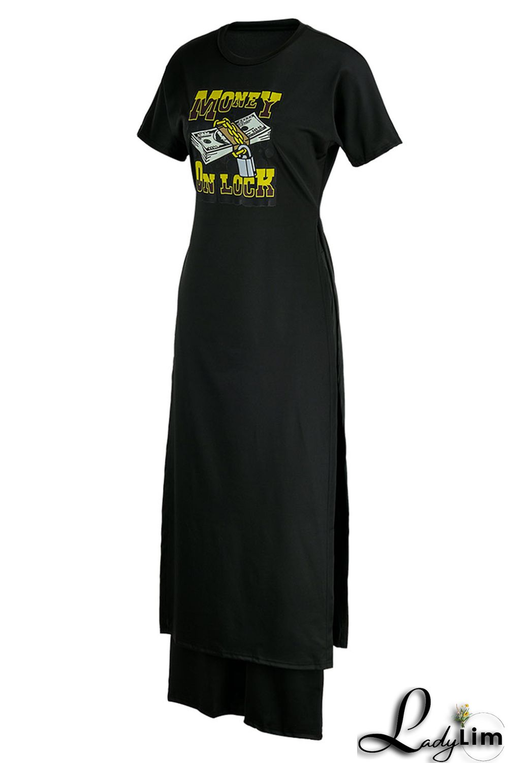 Black Casual Print Patchwork Slit O Neck Short Sleeve Two Pieces