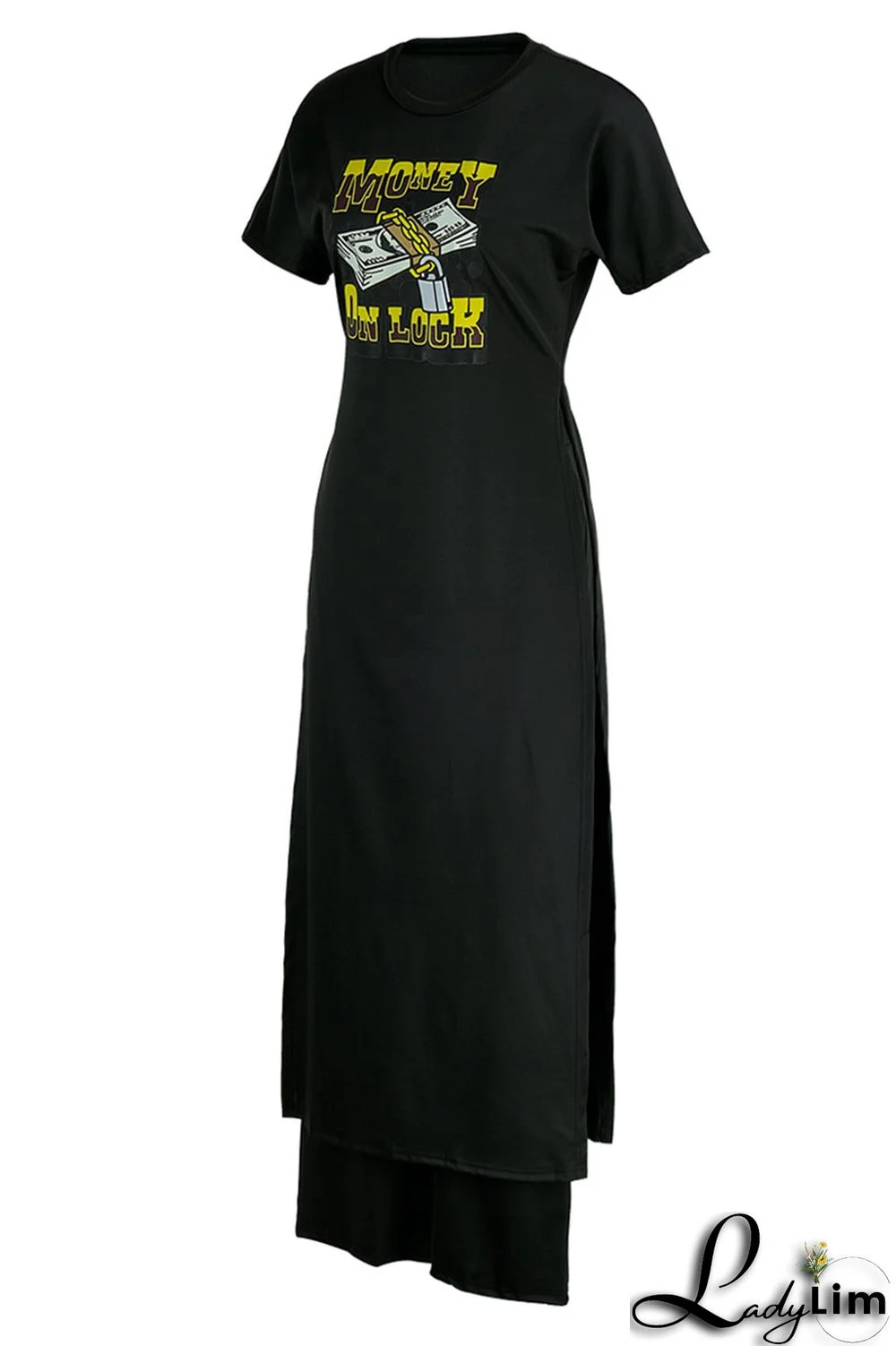 Black Casual Print Patchwork Slit O Neck Short Sleeve Two Pieces