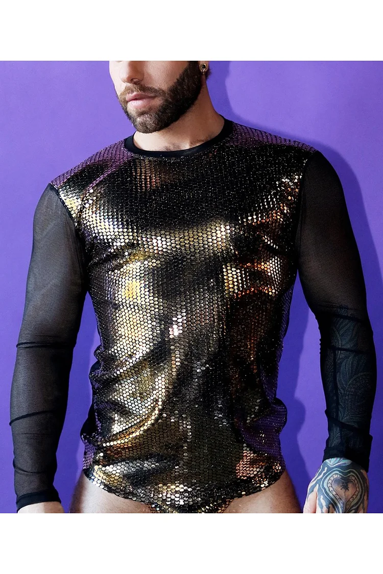 Ciciful Gold Sequin Mesh See-Through Patchwork Festival Long Sleeve T-shirt