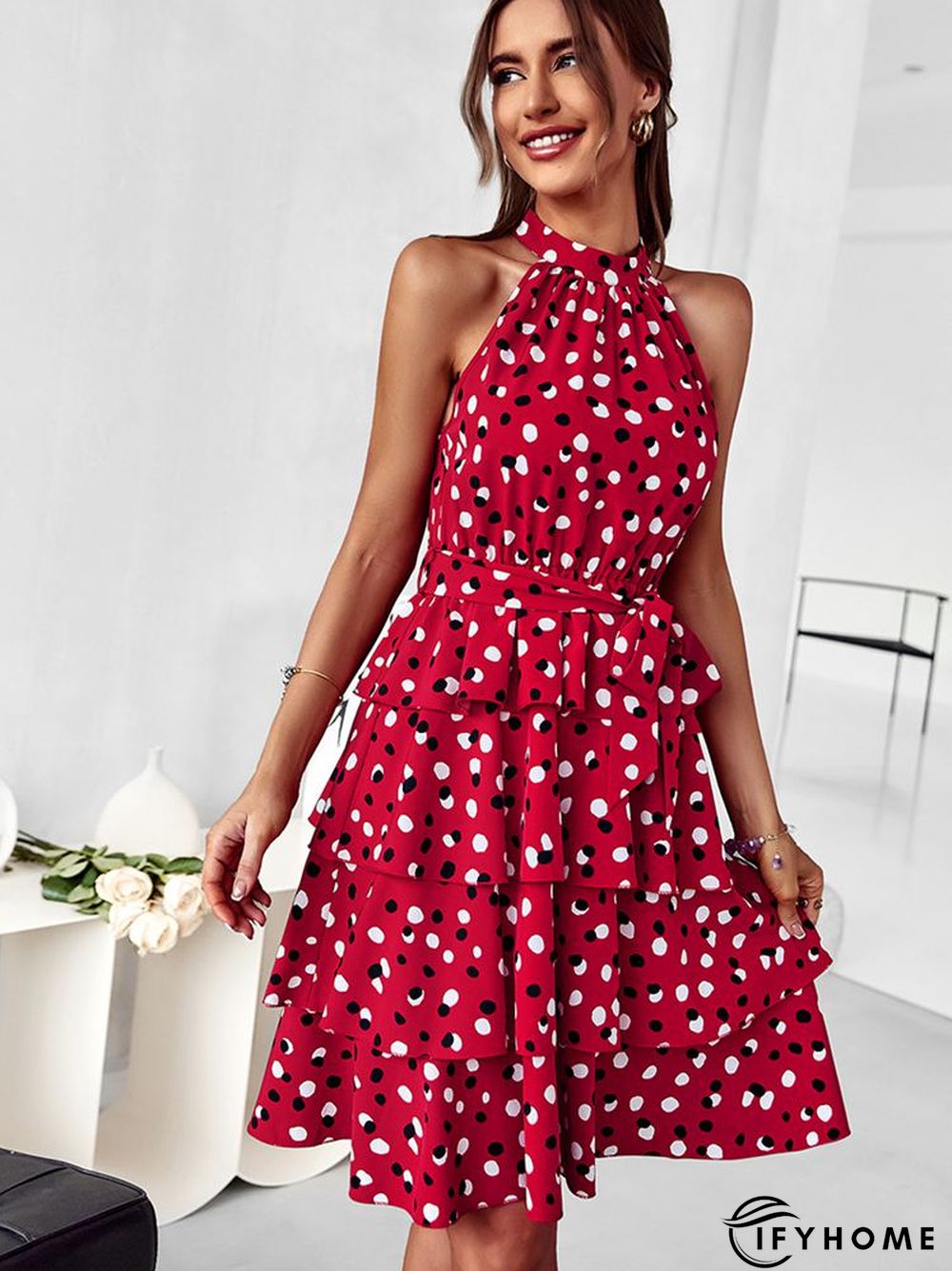 Temperament Casual Polka Dot Cake Dresses Women Summer Halter Neck Sleeveless Lace Up All Match A Line Dress | IFYHOME