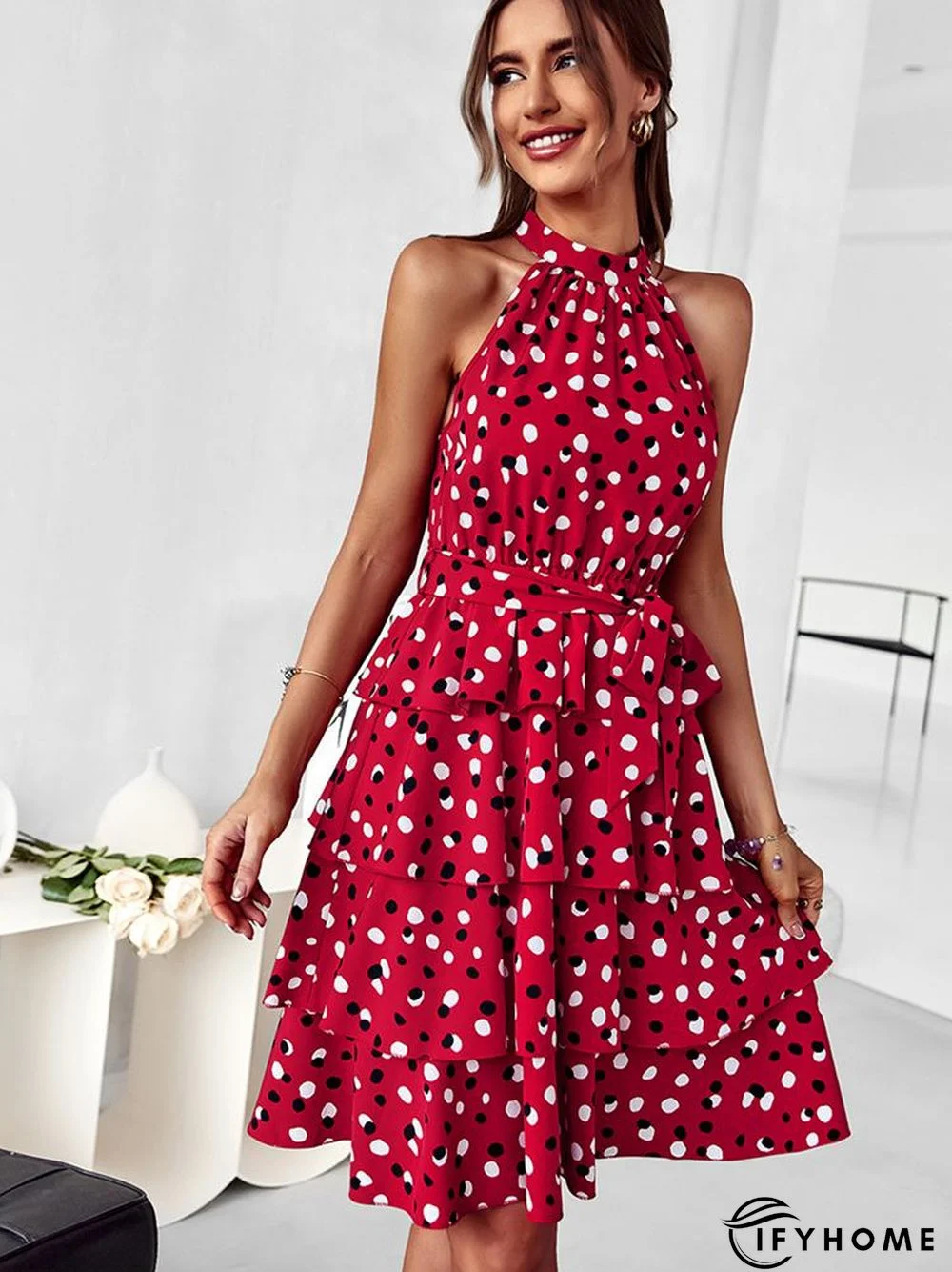 Temperament Casual Polka Dot Cake Dresses Women Summer Halter Neck Sleeveless Lace Up All Match A Line Dress | IFYHOME