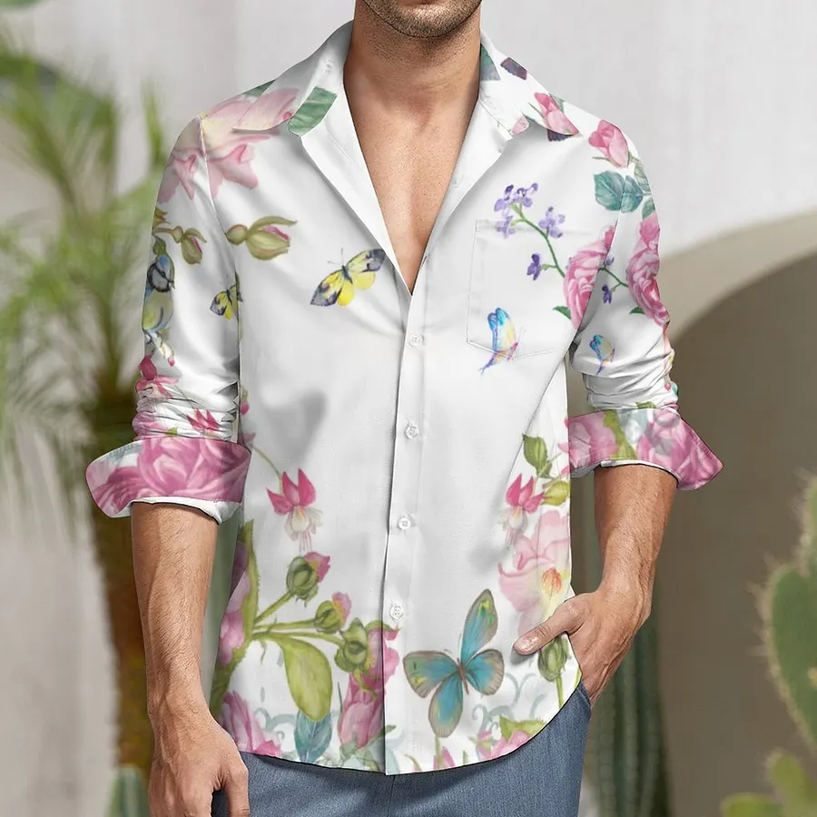 mens butterfly dress shirt Relaxed Fit Satin Men's Printed Shirt